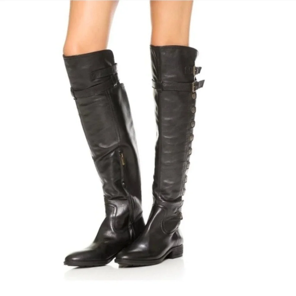 Sam Edelman Pierce Tall Boot Women 8M Black Leather Over The Knee Buckle Button